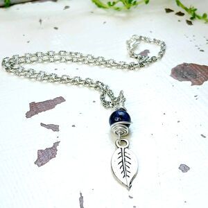 Dainty Sodalite Crystal Choker Necklace, Minimalist Gemstone Leaf Jewelry, 14"